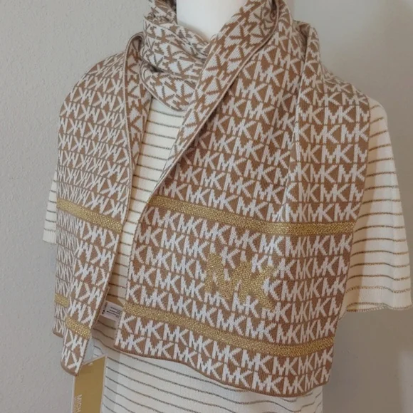 Michael Kors Signature Women's Knit Scarf in Tan & Cream Metallic Accents NWT - Picture 4 of 13